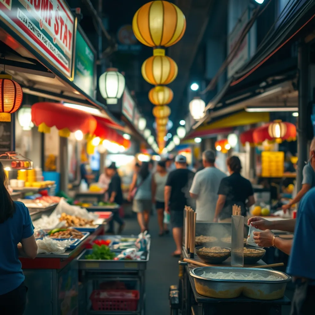 Marché nocturne animé à Bangkok avec ses étals de street food colorés