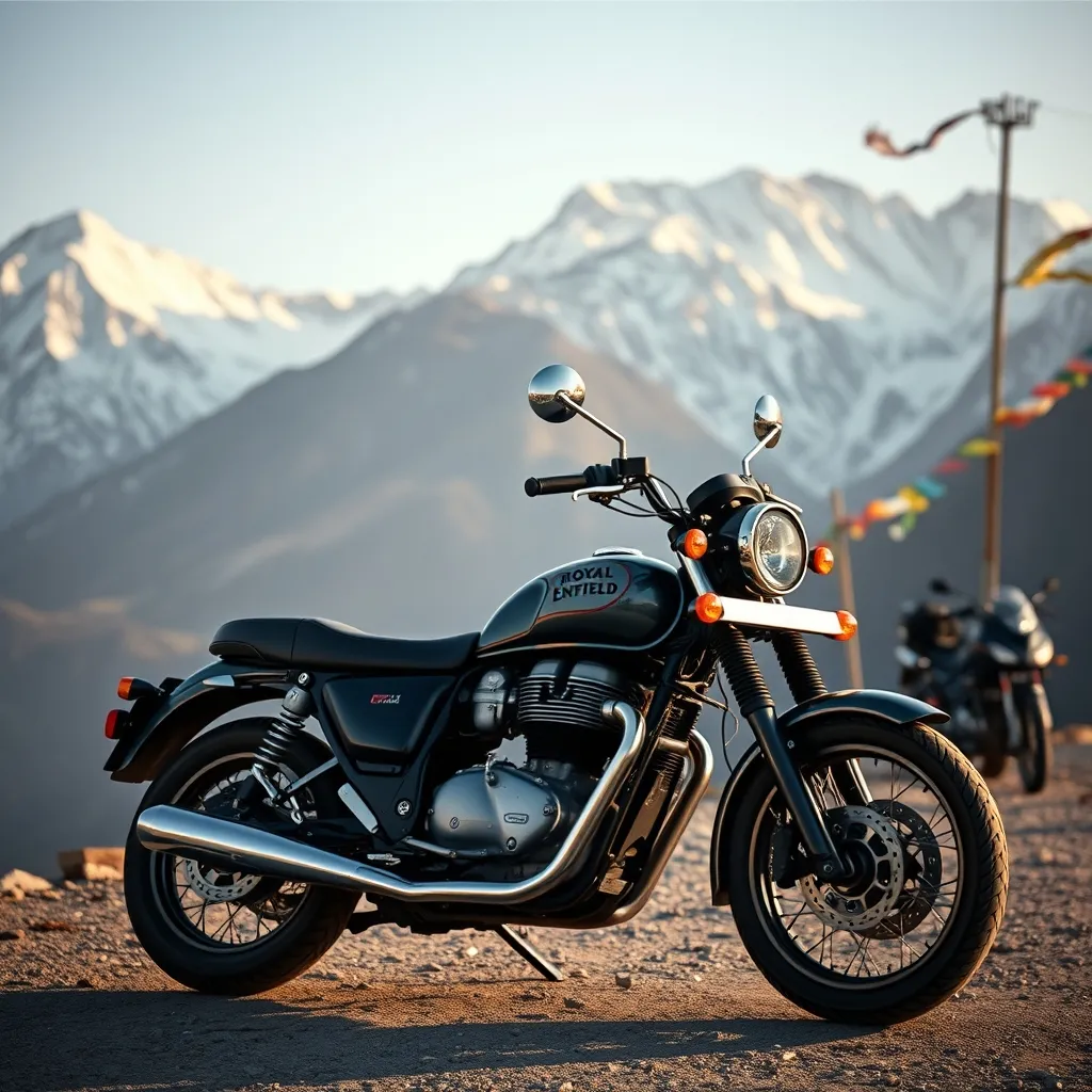 Royal Enfield garée sur un col du Ladakh avec les sommets enneigés de l'Himalaya en toile de fond