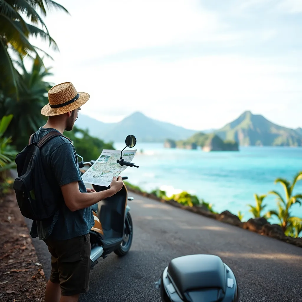 Pause carte sur une route côtière indonésienne entre Bali et Flores