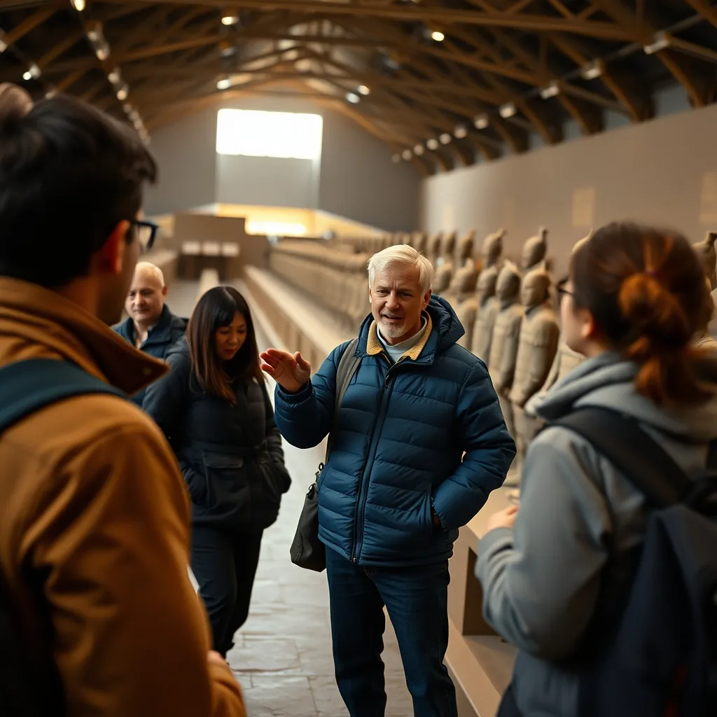 Un guide francophone présente l'Armée de terre cuite de Xi'an à un petit groupe de voyageurs