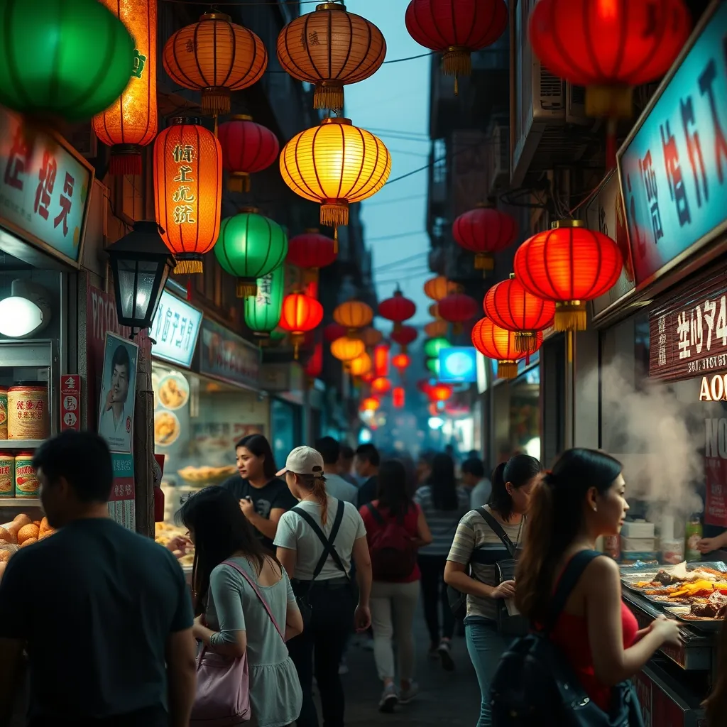 Un marché de rue animé en Chine, où les voyageurs découvrent la gastronomie locale