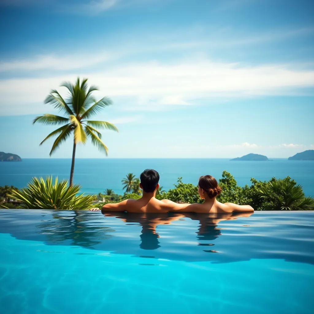 Détente au bord d'une piscine à débordement dans un club all inclusive à Phuket