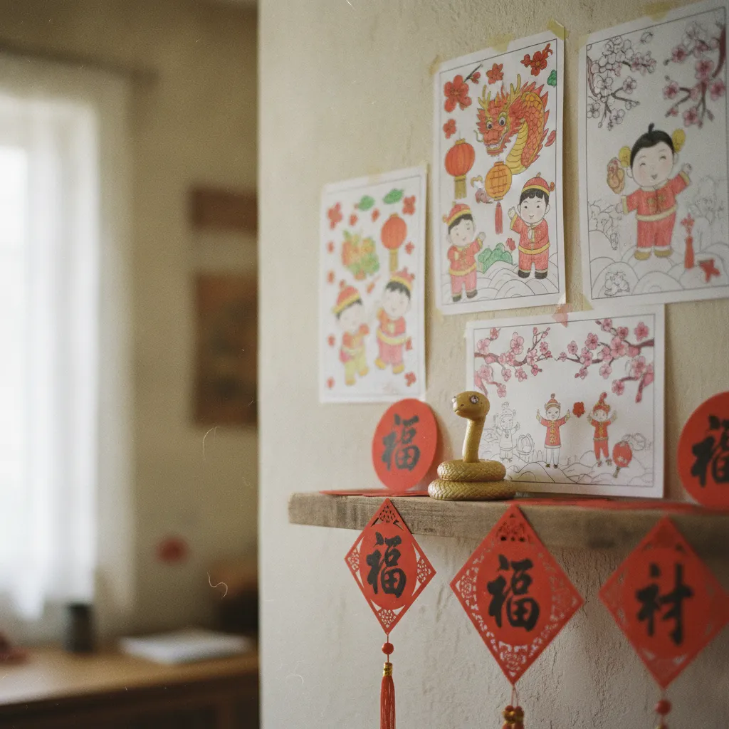 Coloriages du Nouvel An chinois transformés en décoration murale
