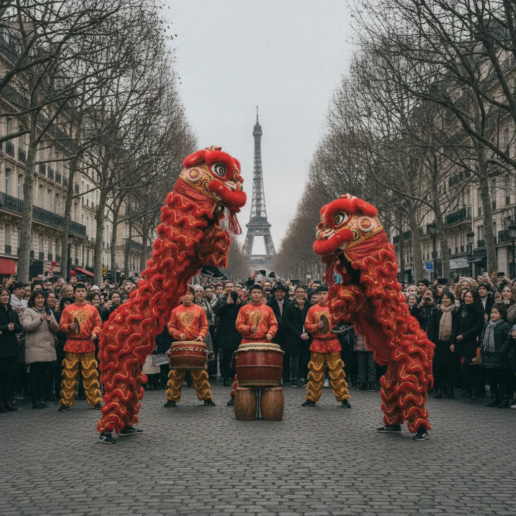 Danse du lion traditionnelle lors du cortège festif du Nouvel An chinois à Paris