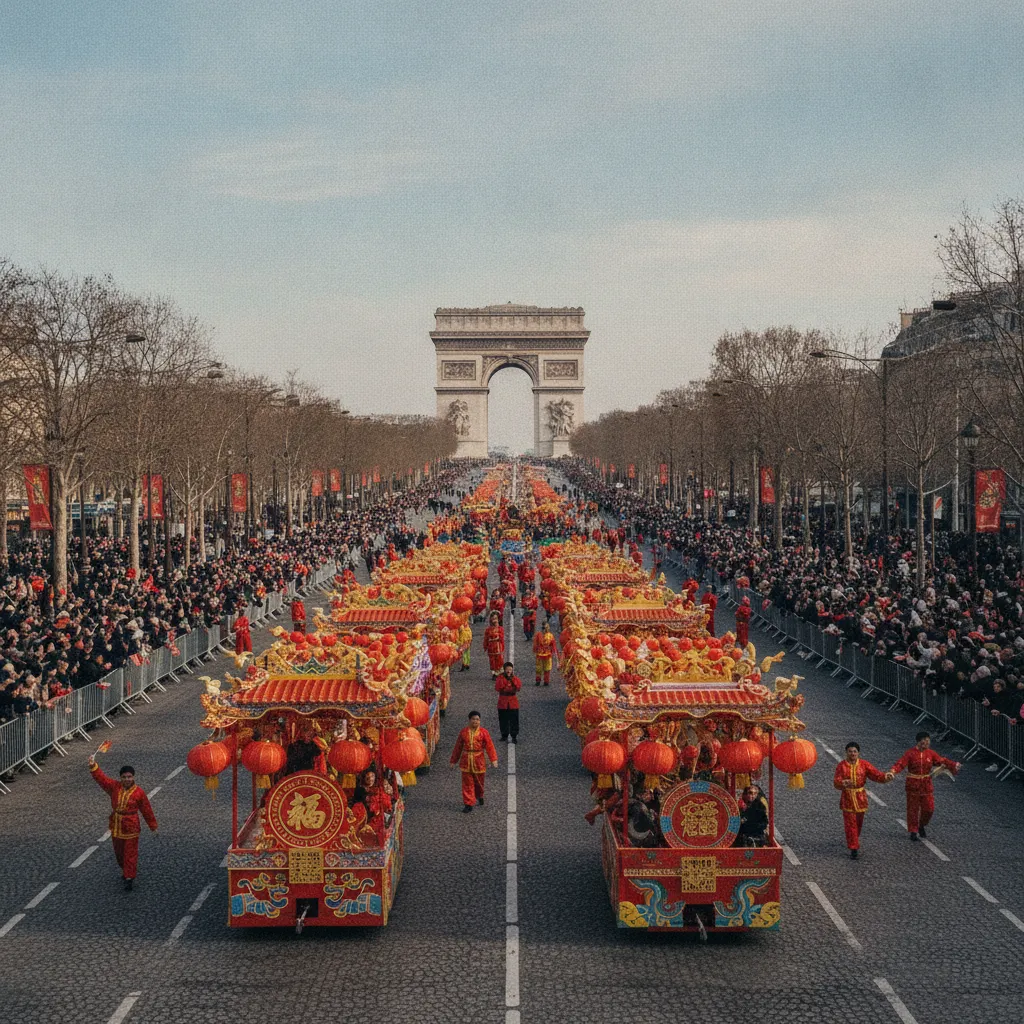 Vue panoramique du cortège et des chars décorés de lanternes sur les Champs-Élysées