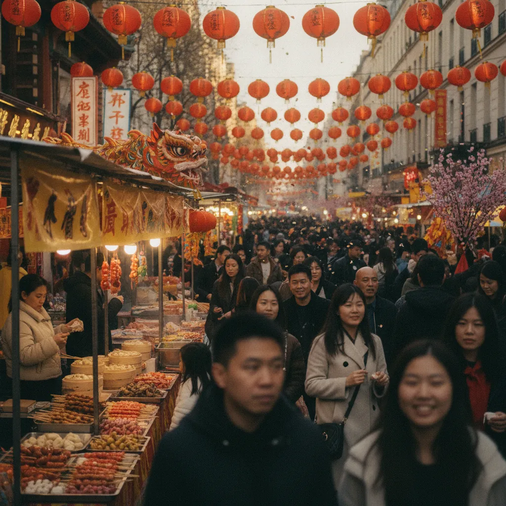 Ambiance festive dans le quartier asiatique du 13e arrondissement pendant les célébrations du Nouvel An chinois