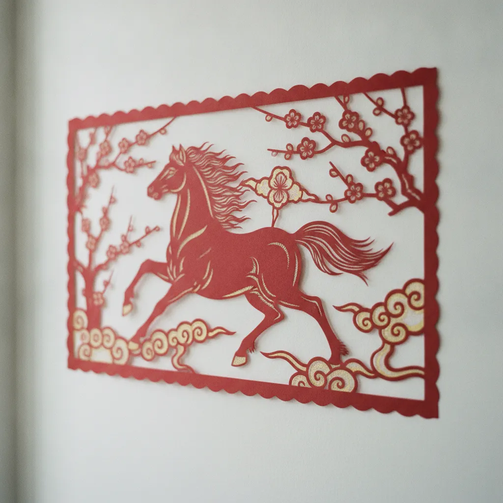 Art du papier découpé chinois représentant un cheval au galop pour l'année 2026