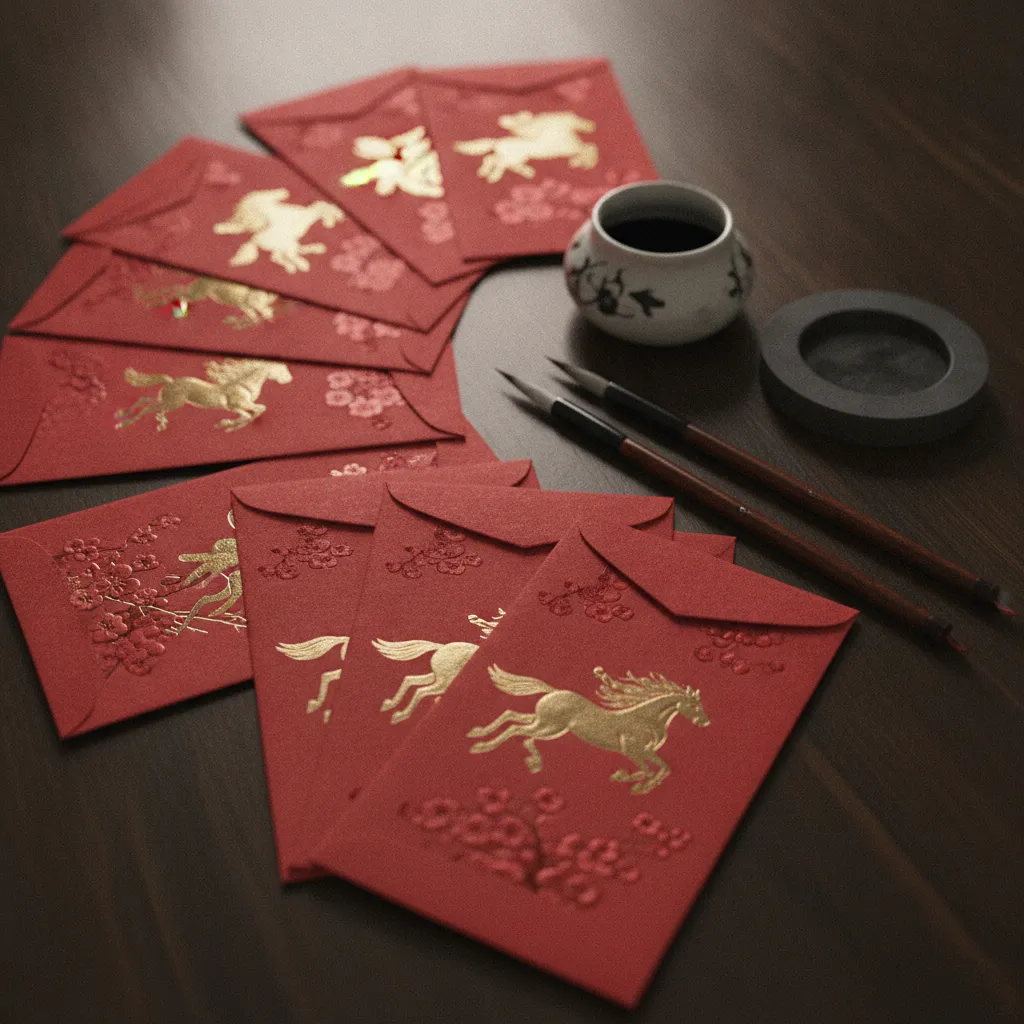 Cartes de vœux et enveloppes rouges du Nouvel An chinois disposées sur une table en bois