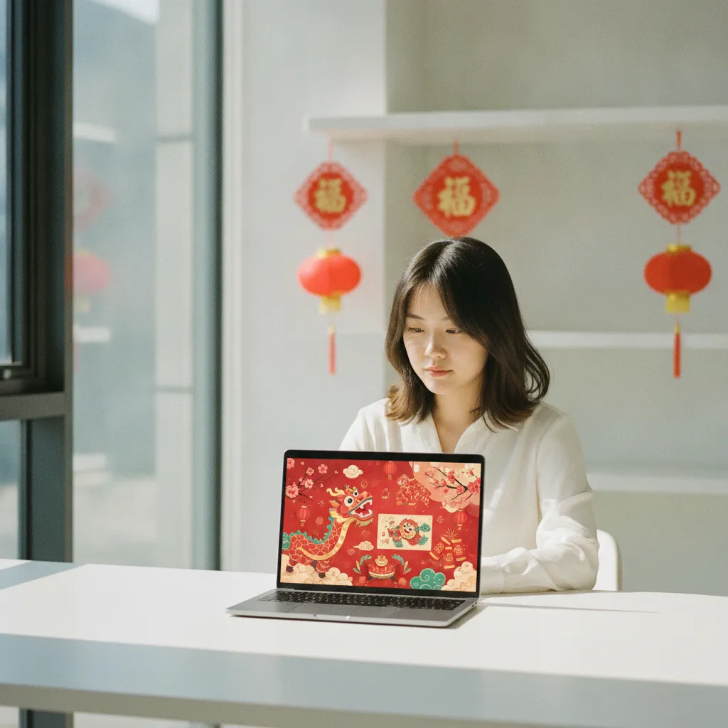Création de visuels numériques du Nouvel An chinois sur ordinateur dans un espace de travail moderne