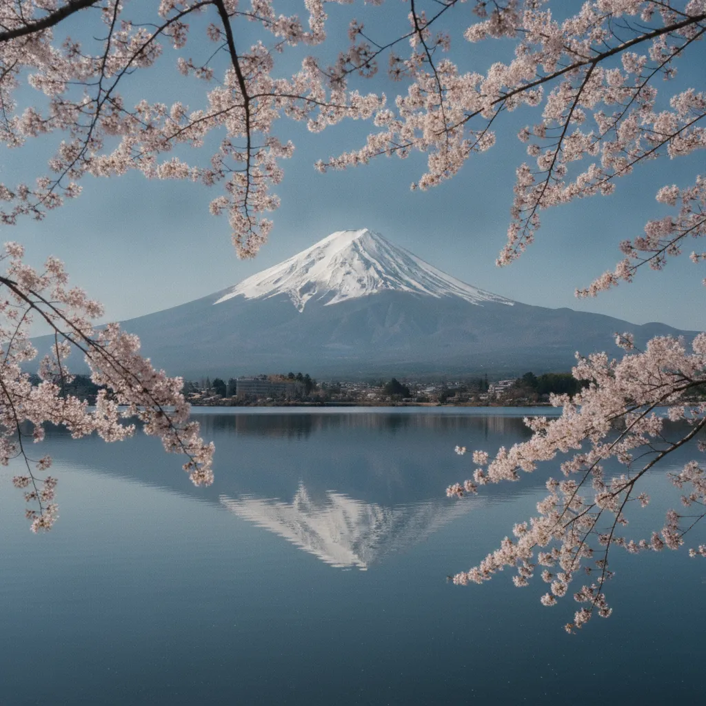 Le Mont Fuji vu depuis le lac Kawaguchi avec les cerisiers en fleurs au premier plan