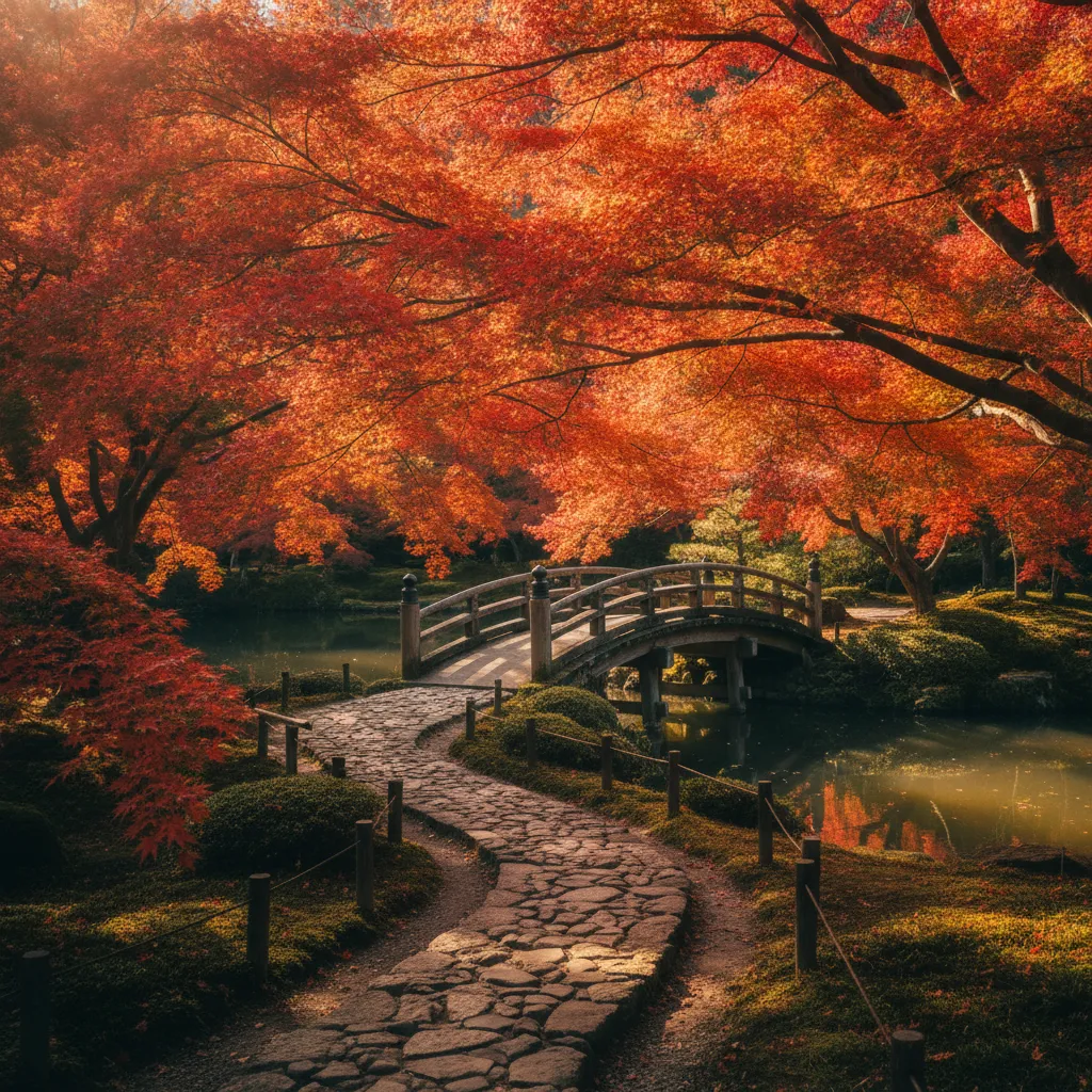 Érables rouges flamboyants dans un jardin japonais traditionnel en automne