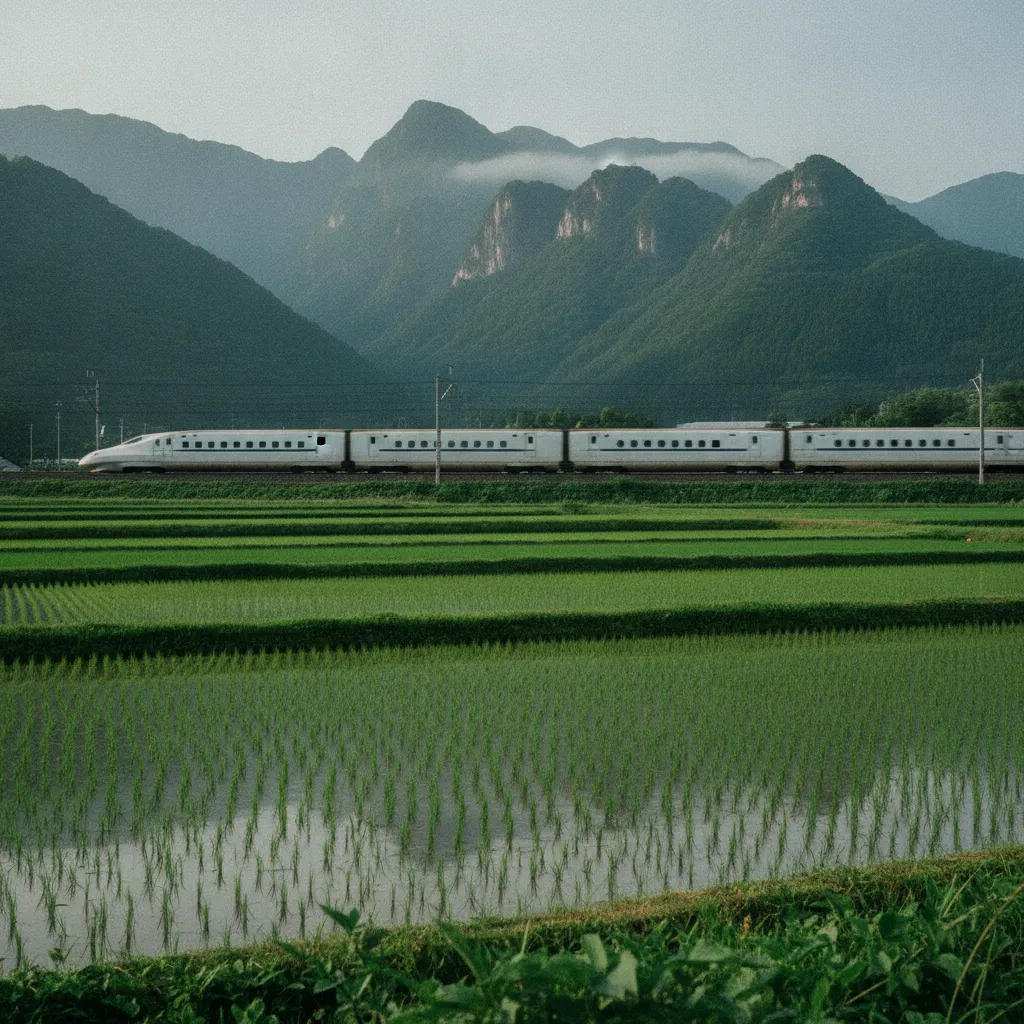 Le Shinkansen traverse la campagne japonaise, moyen de transport idéal pour découvrir le pays