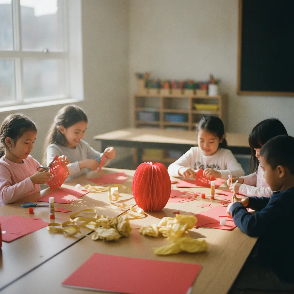 Enfants fabriquant des lanternes rouges en papier pour le Nouvel An chinois