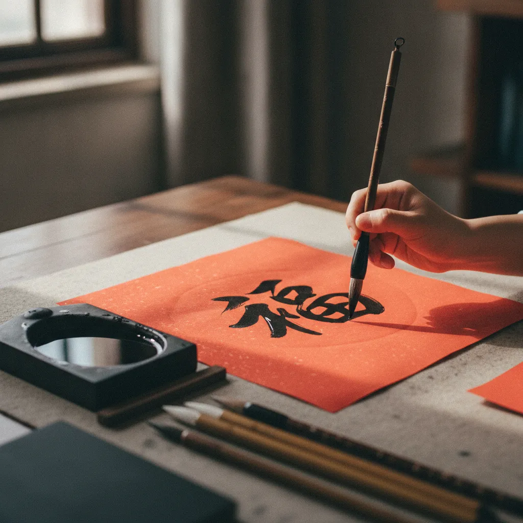 Calligraphie du caractère fú (bonheur) sur papier rouge pour le Nouvel An chinois
