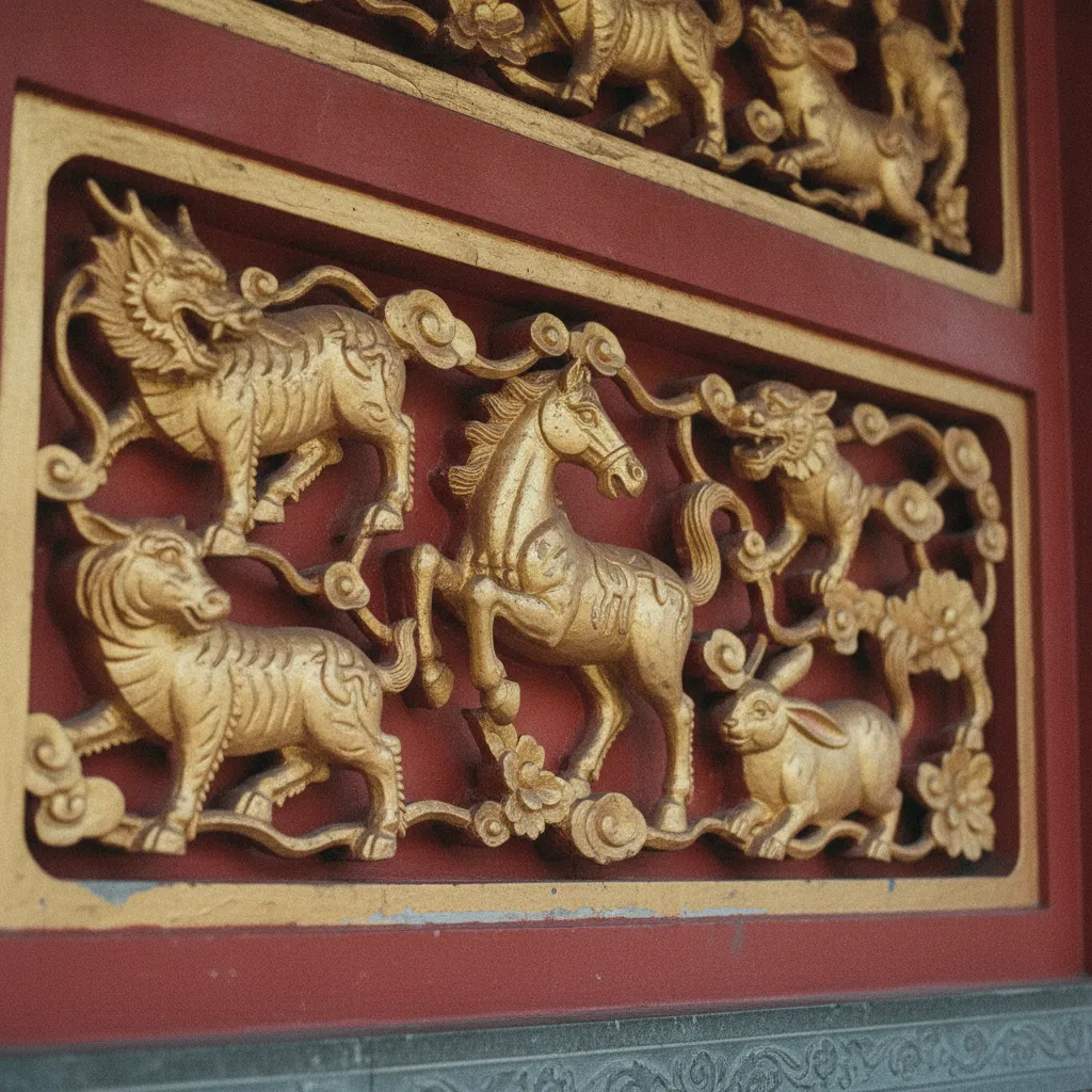Sculptures des animaux du zodiaque chinois sur un mur de temple traditionnel