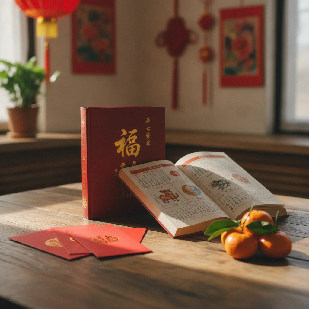 Almanach lunaire traditionnel entouré d'enveloppes rouges et de mandarines porte-bonheur