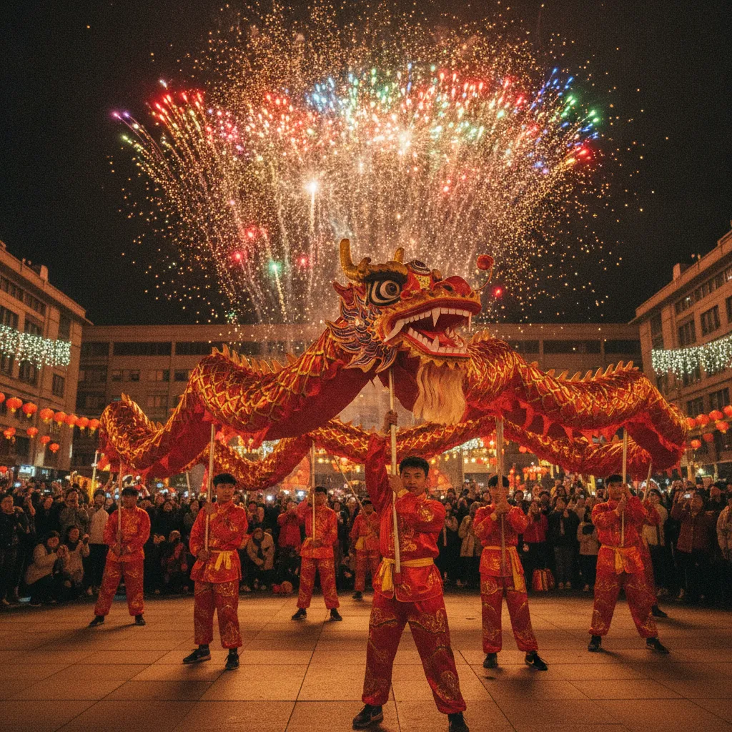 Danse du dragon spectaculaire lors des célébrations du Nouvel An chinois en ville