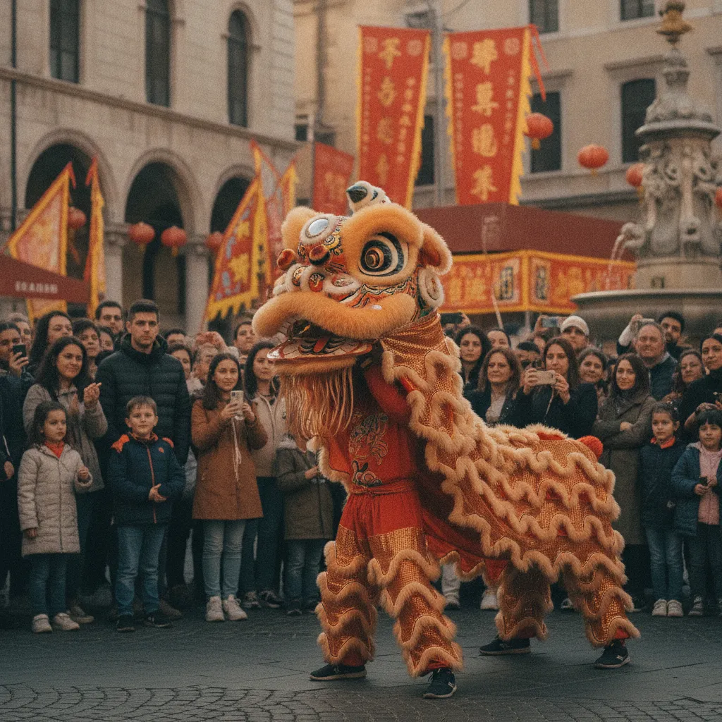 La danse du lion captive les spectateurs rassemblés sur la place Saint-Michel