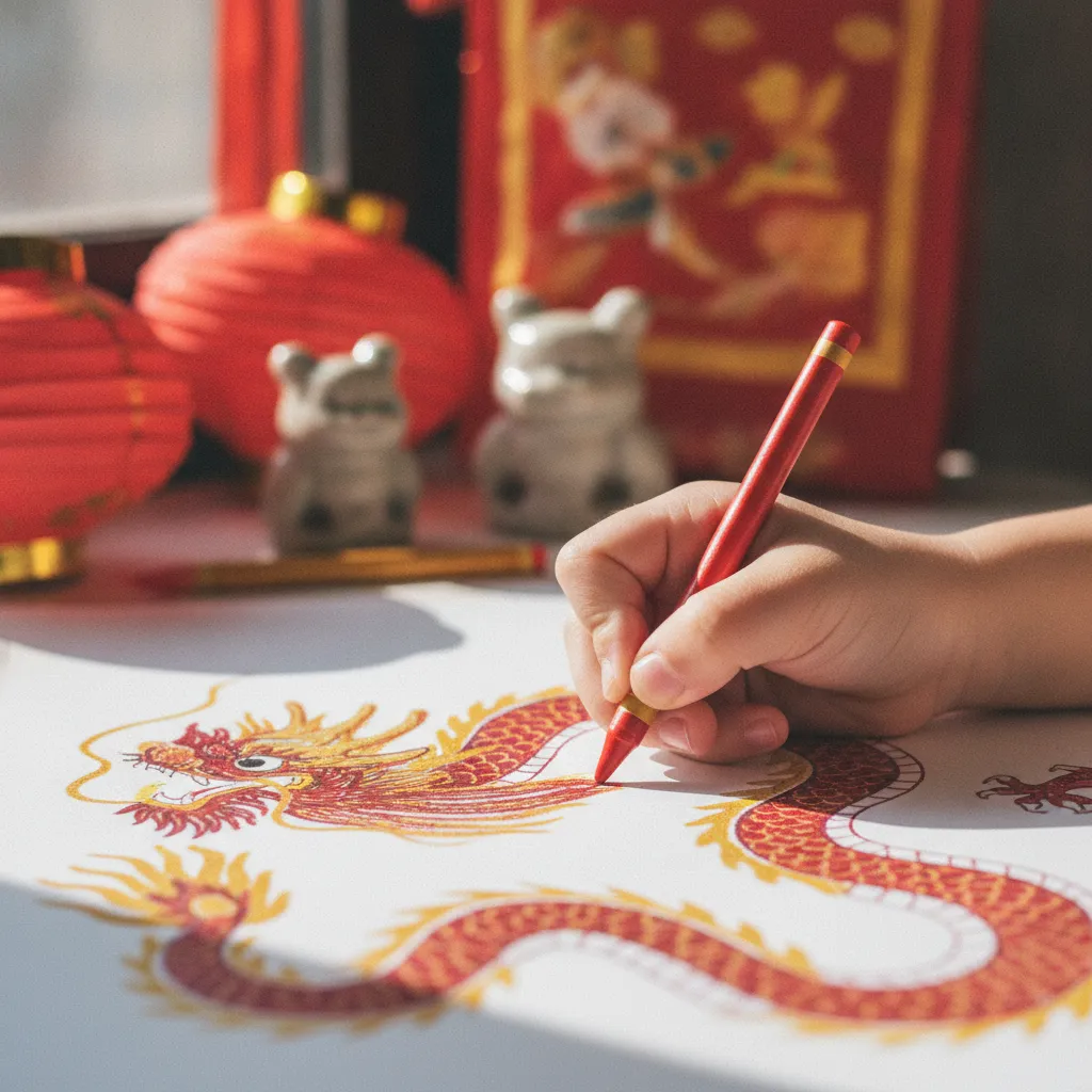 Enfant coloriant un dragon chinois avec des crayons rouges et dorés