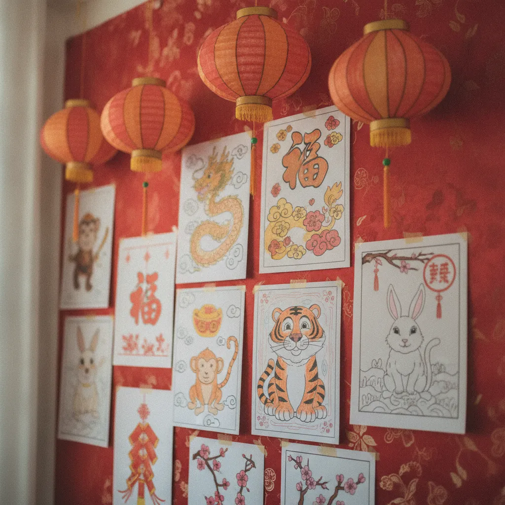 Coloriages terminés du Nouvel An chinois utilisés comme décorations murales