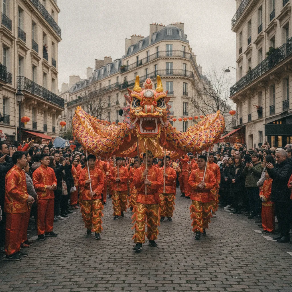 Danse du dragon dans le quartier chinois de Paris lors des célébrations du Nouvel An
