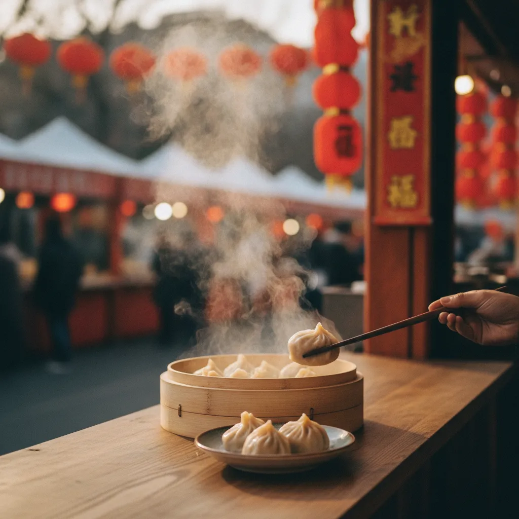 Jiaozi fumants servis sur les stands du Nouvel An chinois à Lille