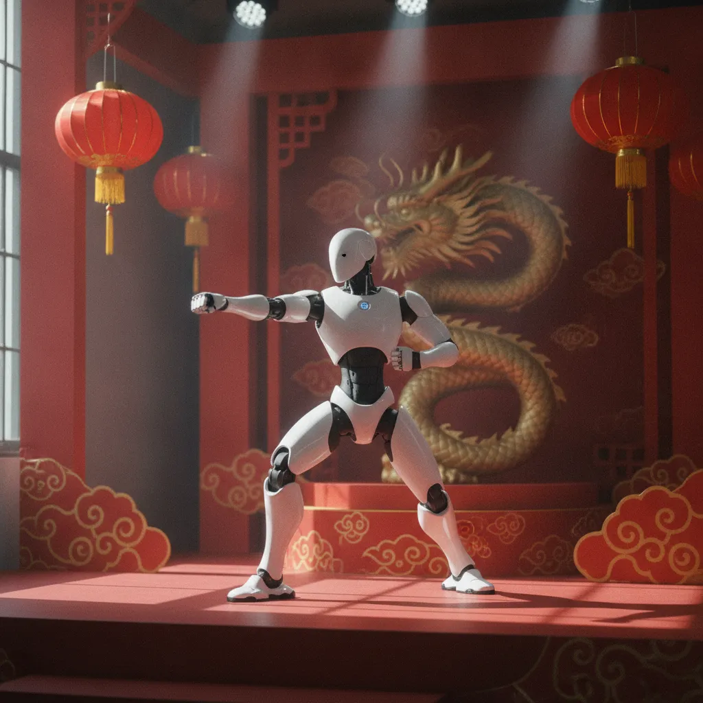 Le robot humanoïde Unitree H1 en position de tai-chi sur la scène du gala CCTV