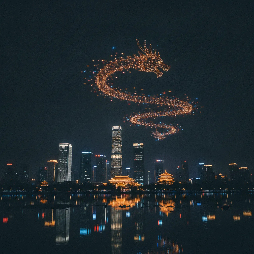 Spectacle de drones formant un serpent lumineux au-dessus de Shanghai pour le Nouvel An 2026