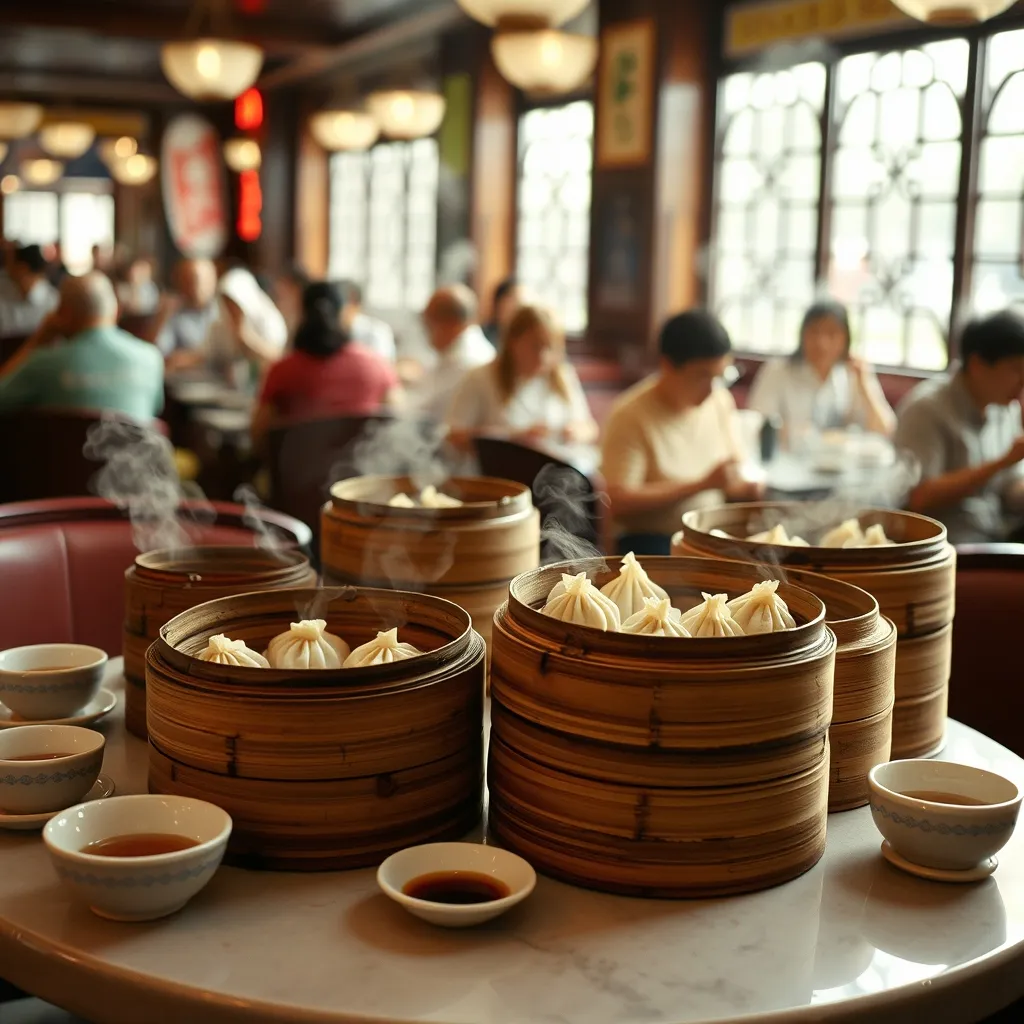 Paniers vapeur de dim sum dans un restaurant traditionnel cantonais à Guangzhou