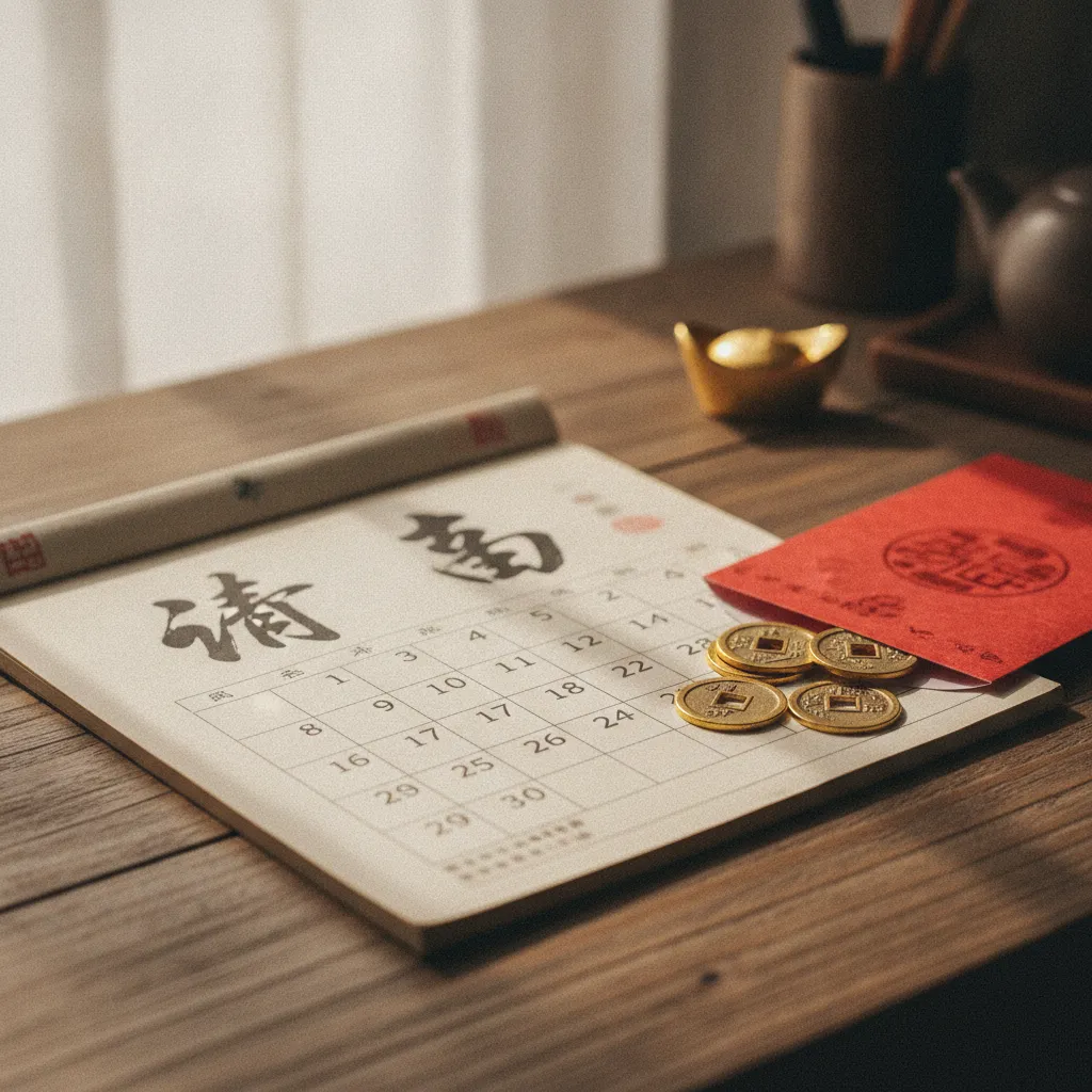 Calendrier lunaire chinois traditionnel posé sur un bureau en bois