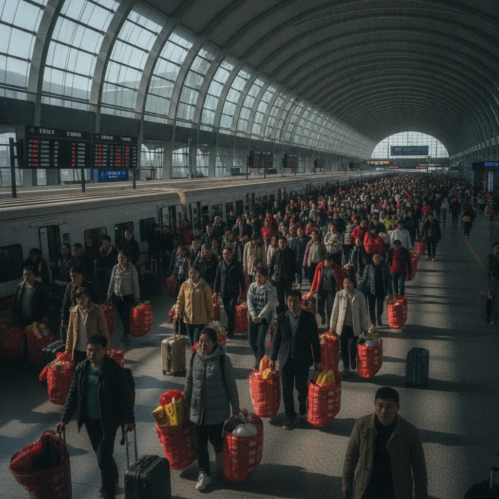 Gare chinoise bondée pendant le chunyun, la grande migration du Nouvel An