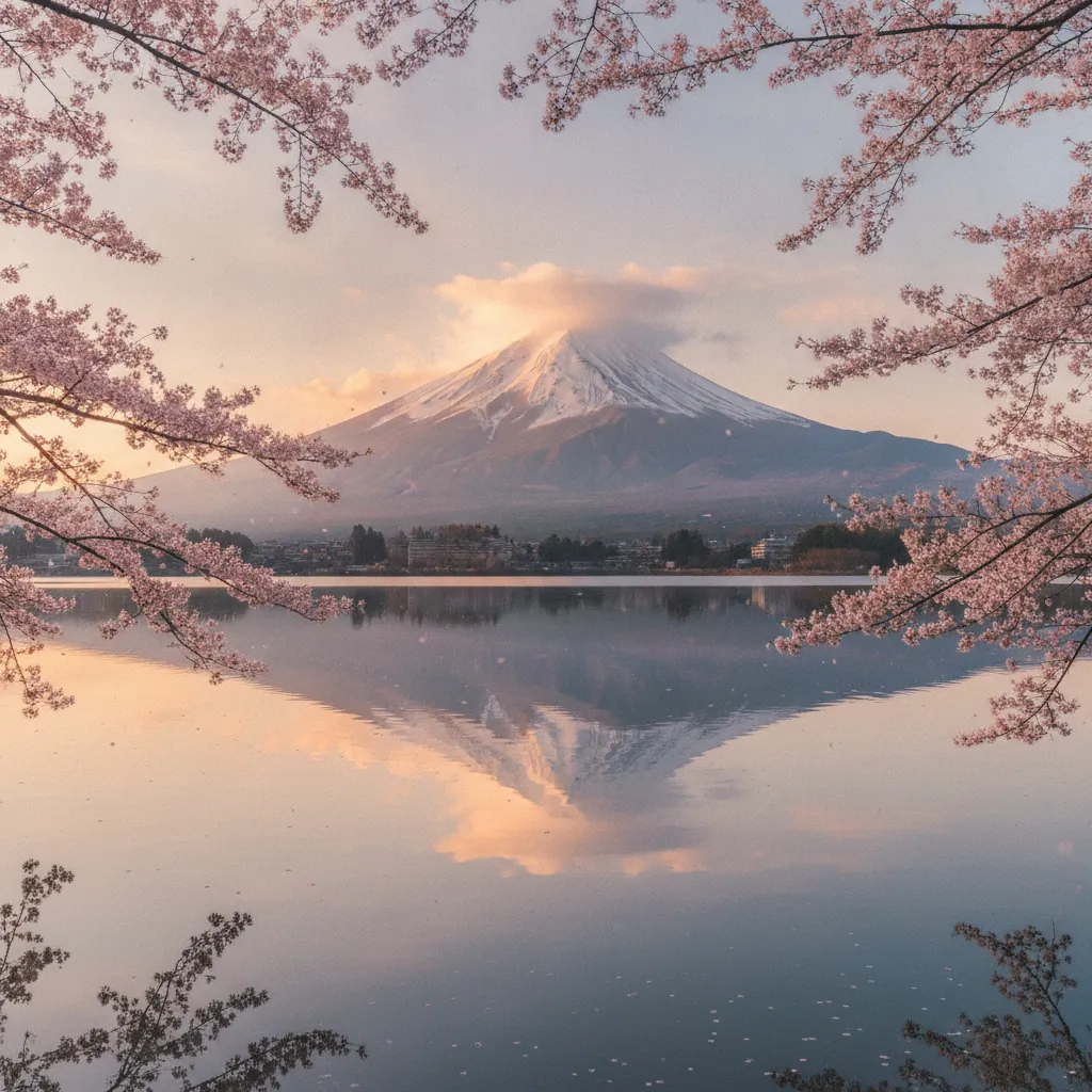 Le Mont Fuji se reflétant dans le lac Kawaguchiko au lever du soleil, encadré par les cerisiers en fleurs