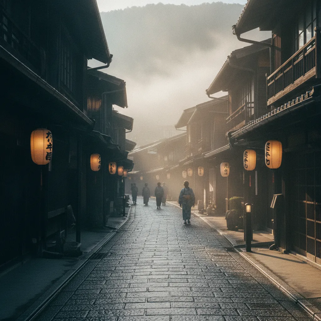 Ruelle traditionnelle de Takayama dans les Alpes japonaises, avec ses maisons en bois sombre et ses lanternes