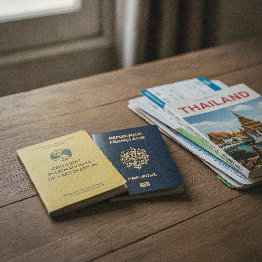 Carnet de vaccination international et passeport français prêts pour un voyage en Thaïlande