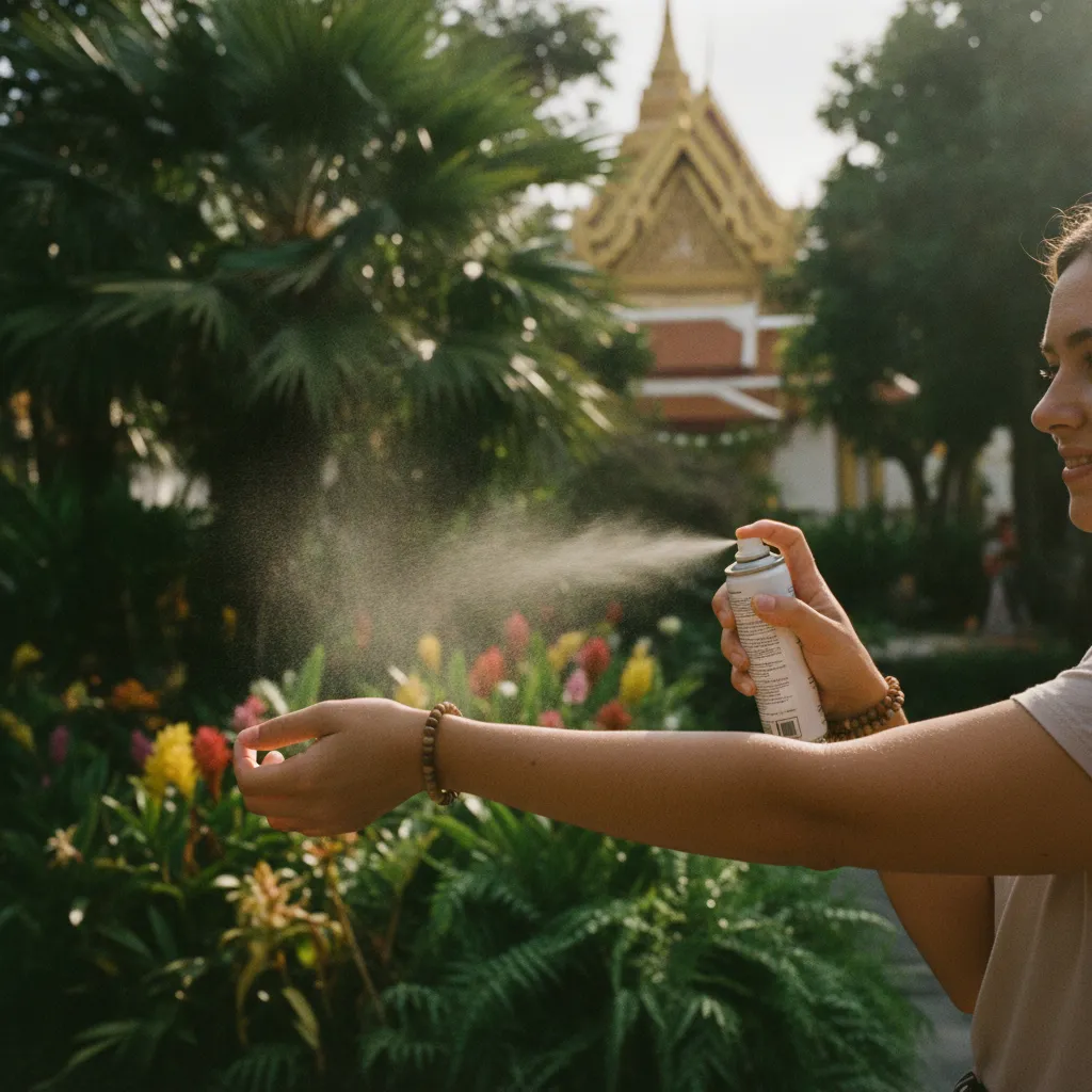 Application de répulsif anti-moustiques, geste essentiel pour se protéger de la dengue en Thaïlande