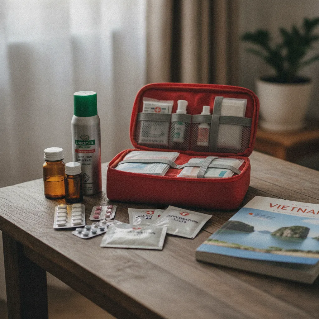 Trousse de pharmacie du voyageur préparée pour un séjour au Vietnam