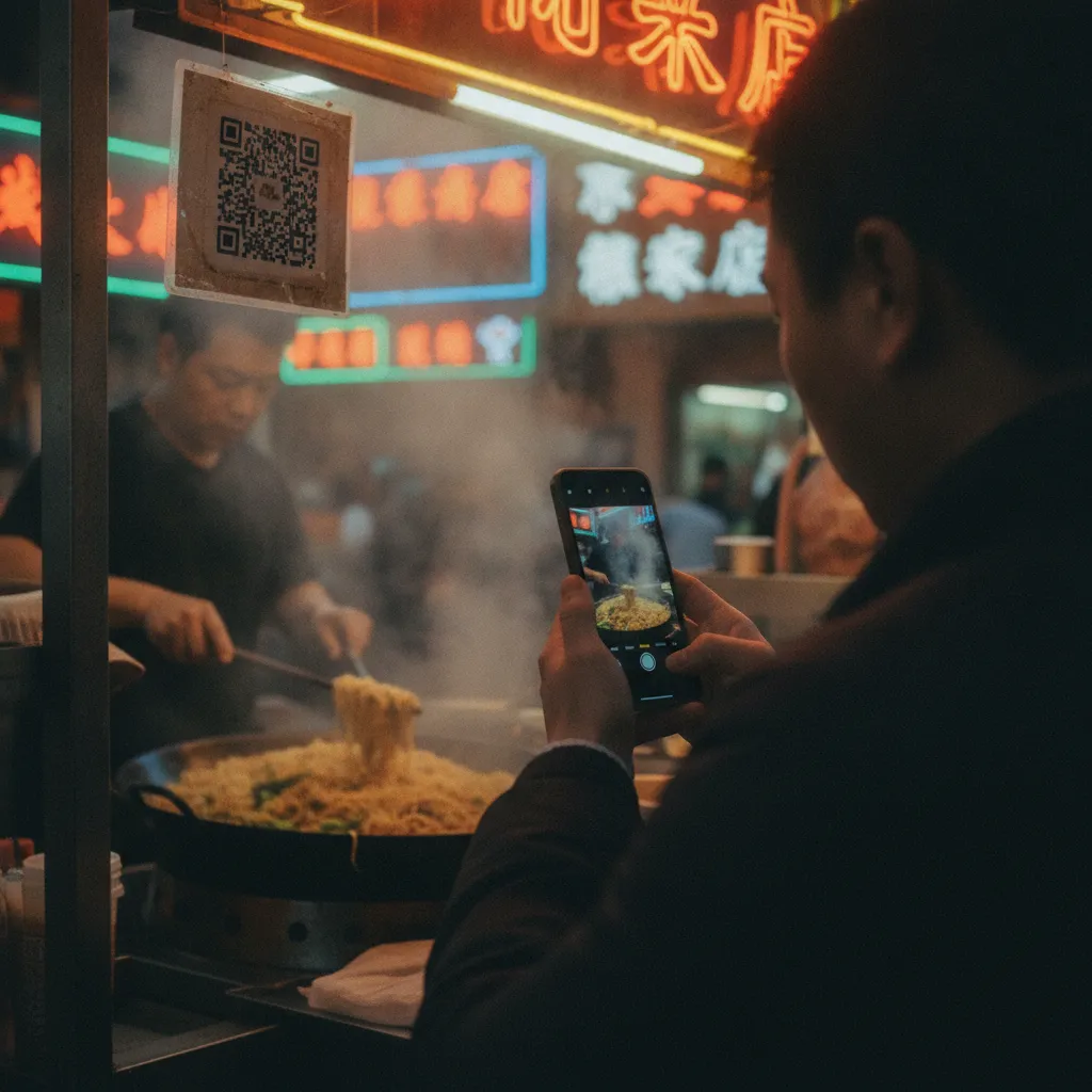 Paiement par QR code dans une échoppe de rue à Shanghai, le quotidien en Chine