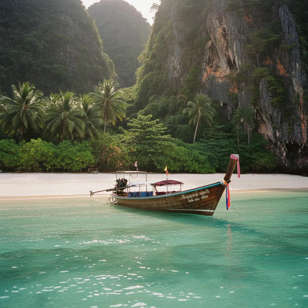 Bateau traditionnel longtail sur une plage paradisiaque du sud de la Thaïlande