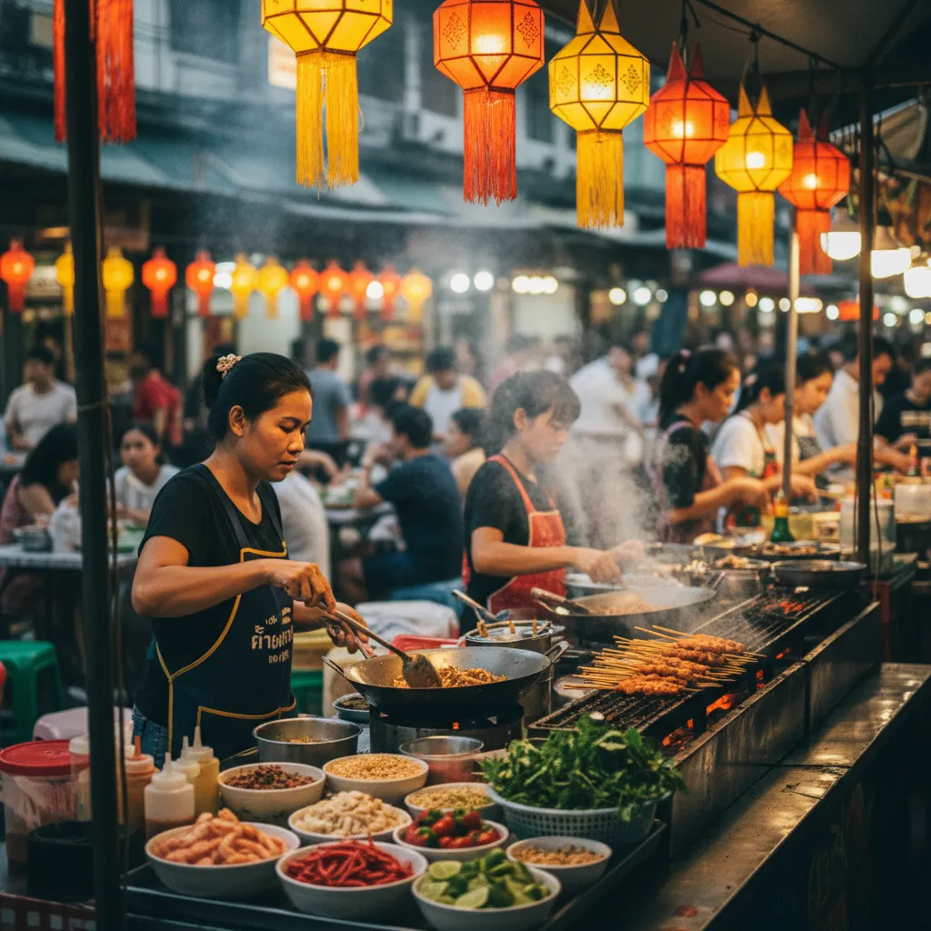 Marché de nuit thaïlandais avec ses stands de street food et leurs spécialités locales