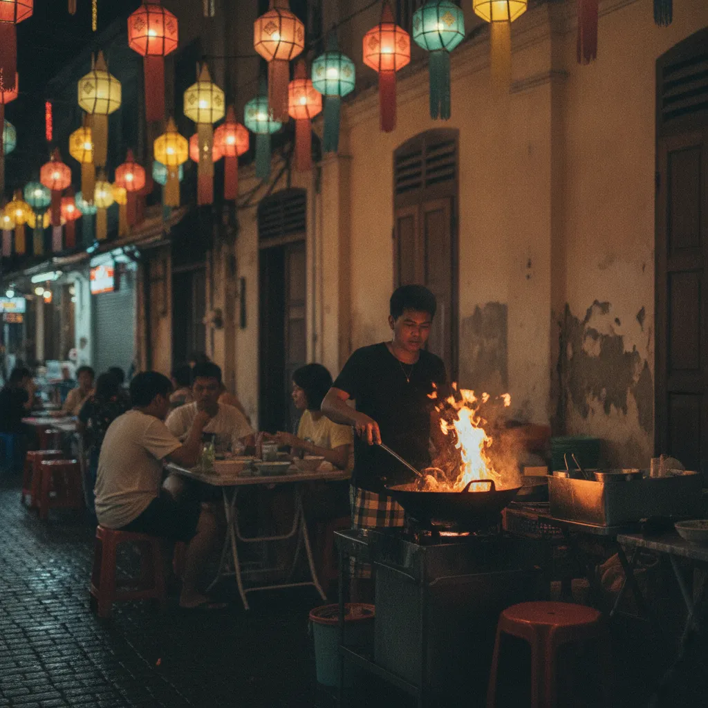 Marché de nuit à Phuket Town où la street food thaïlandaise offre des repas savoureux à petit prix