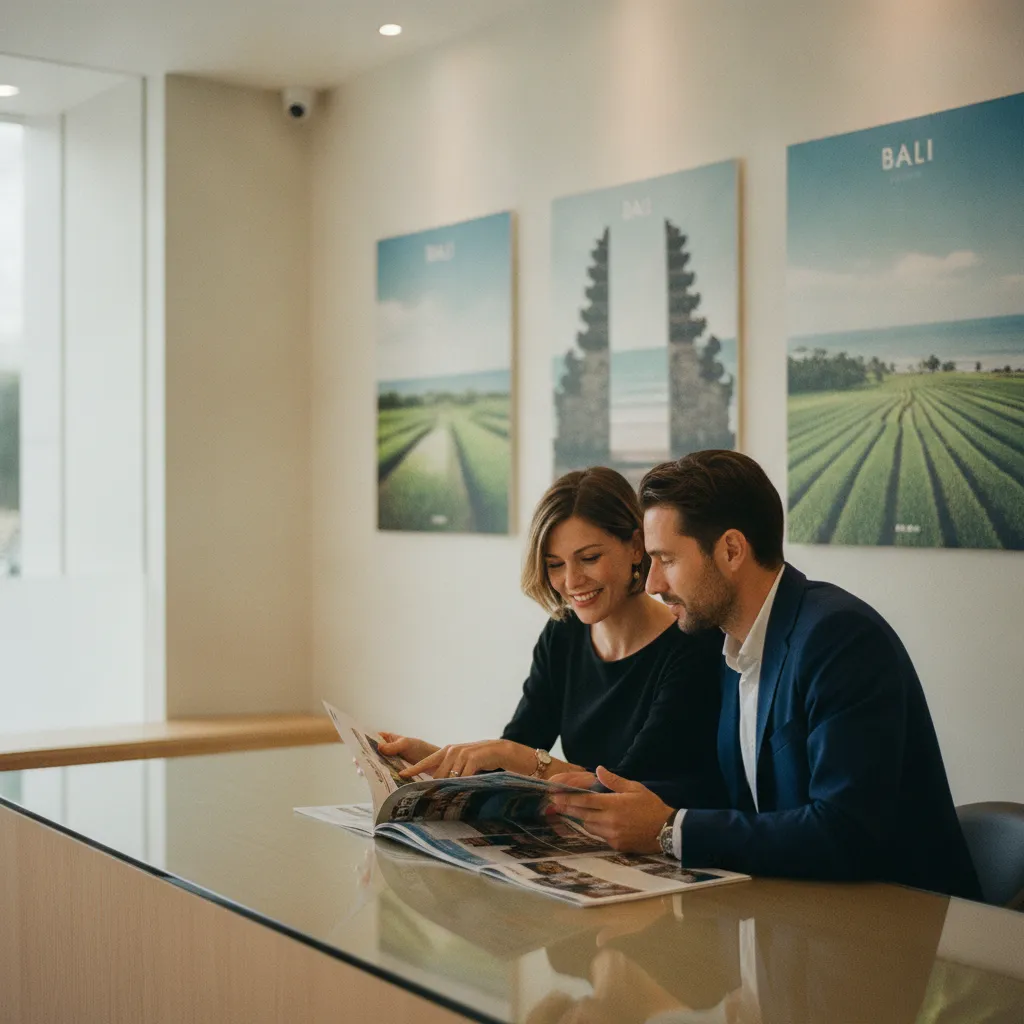 Un couple consulte les offres de voyage pour Bali en agence Leclerc Voyages