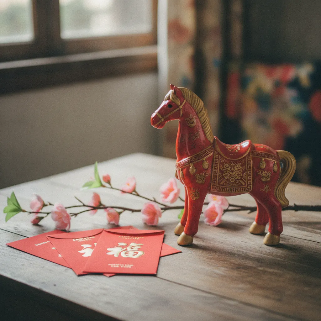 Figurine de cheval décorative entourée de décorations traditionnelles du Nouvel An chinois