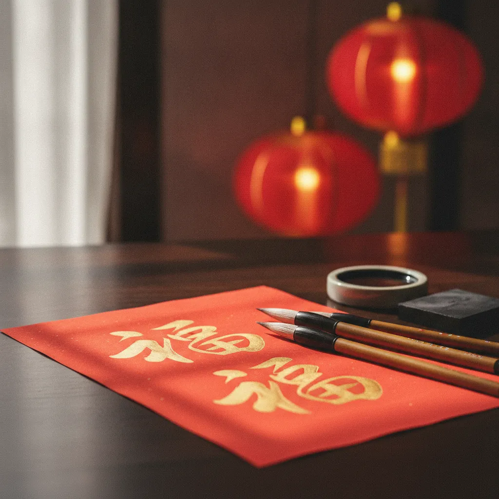 Pinceaux de calligraphie chinoise et papier rouge prêts pour écrire des vœux du Nouvel An
