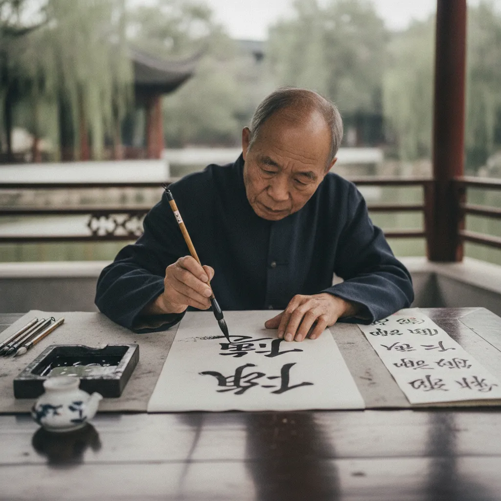 Calligraphe chinois pratiquant l'art ancestral de l'écriture au pinceau dans un pavillon de parc