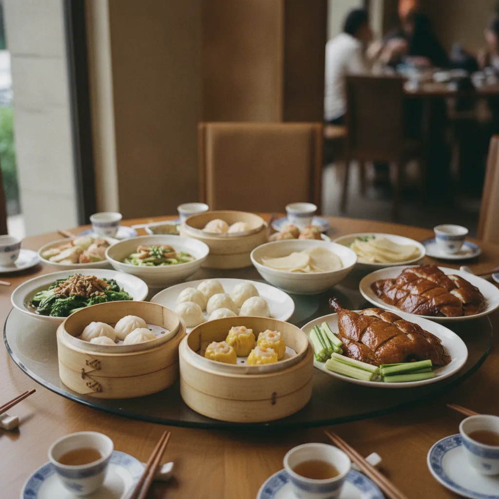 Table ronde garnie de plats traditionnels chinois à partager en famille ou entre amis