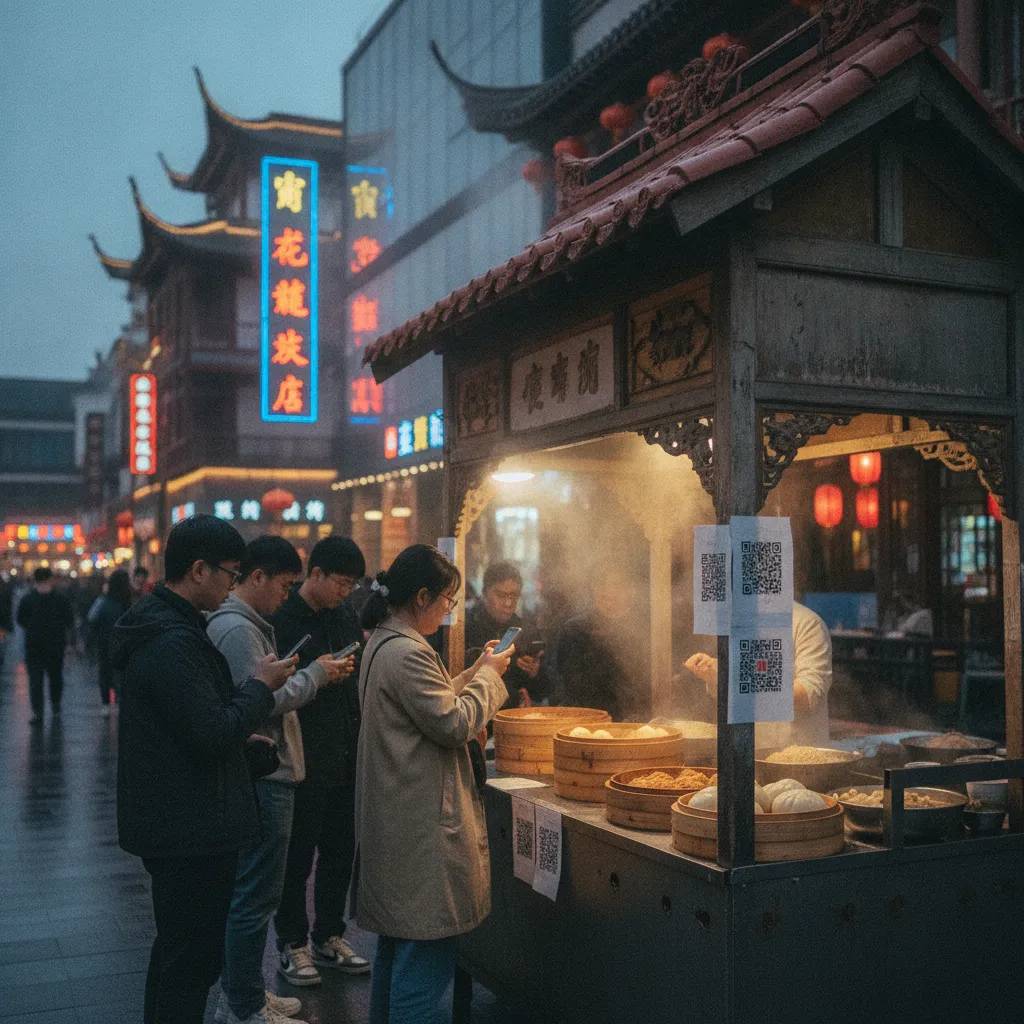 Scène de rue en Chine moderne où paiement mobile et cuisine traditionnelle coexistent au quotidien