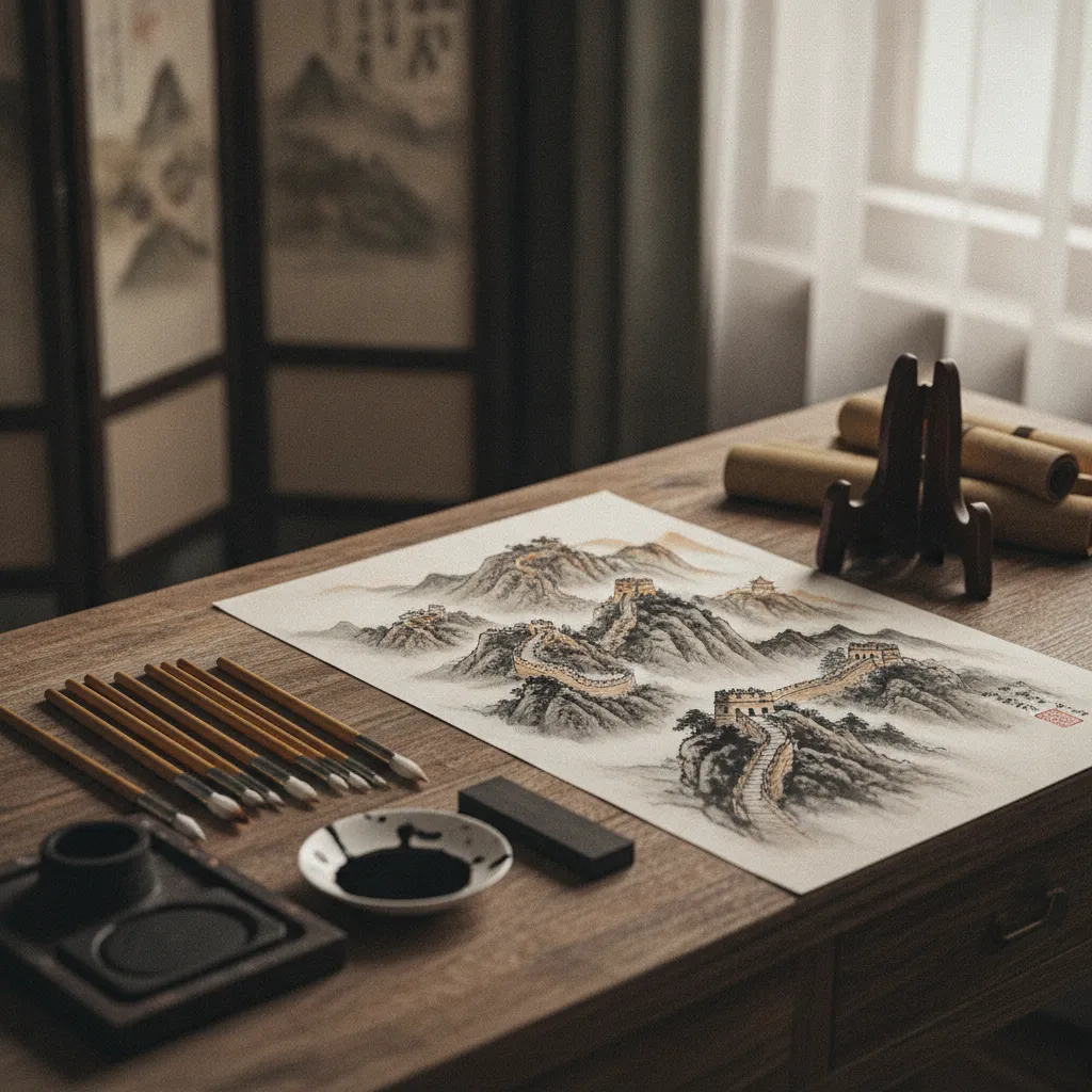 Peinture à l'aquarelle de la muraille dans le style traditionnel chinois avec pinceaux et encre