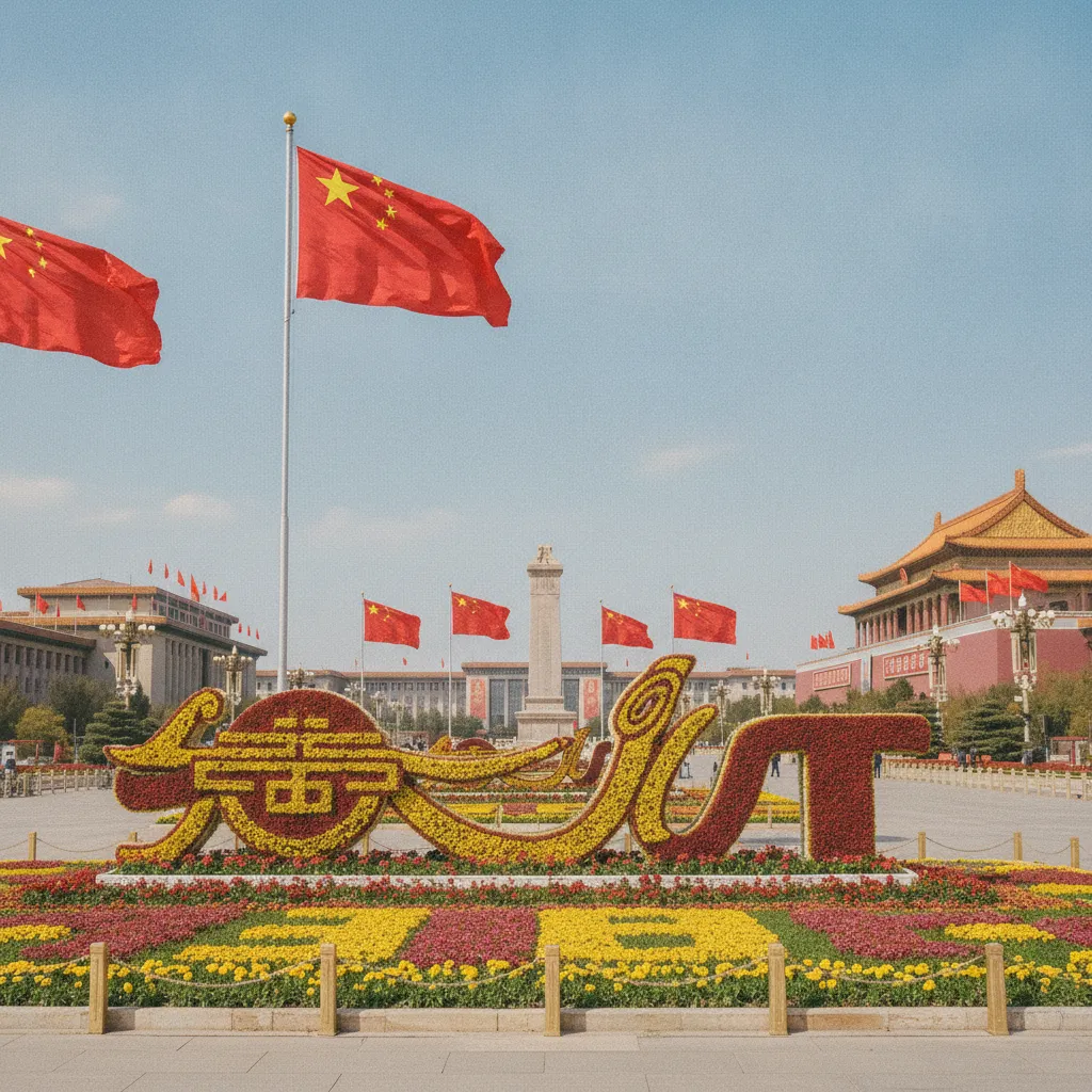 La place Tian'anmen à Pékin parée de ses décorations pour la Fête nationale du 1er octobre