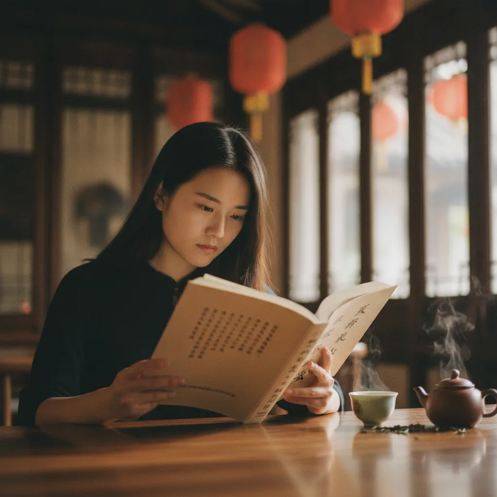 Consultation d'un ouvrage d'astrologie chinoise dans un salon de thé traditionnel