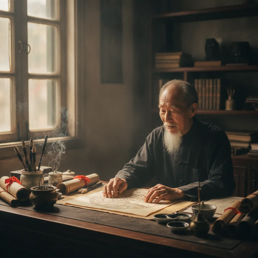 Un maître astrologue consulte les cartes du zodiaque chinois pour établir les prévisions annuelles